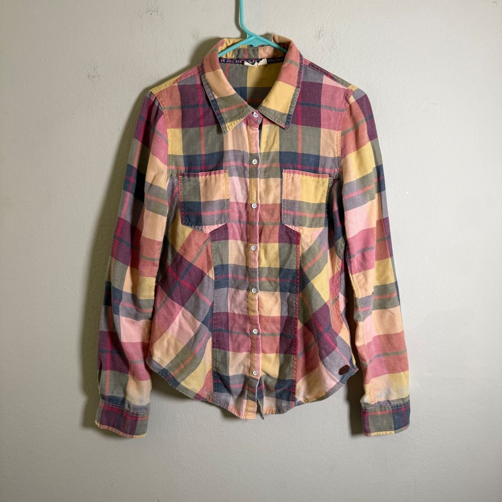 Roxy Womens Pink Yellow Plaid Button Down Long Sleeve Shirt Medium